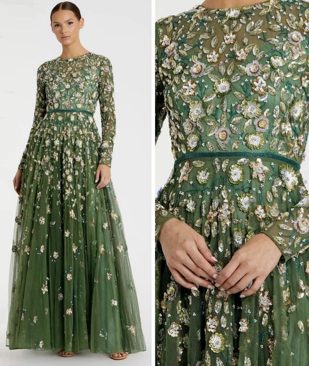 MAC DUGGAL 5533 Embellished Size 6 Long Sleeves A-Line Gown Sage Green NWT $798